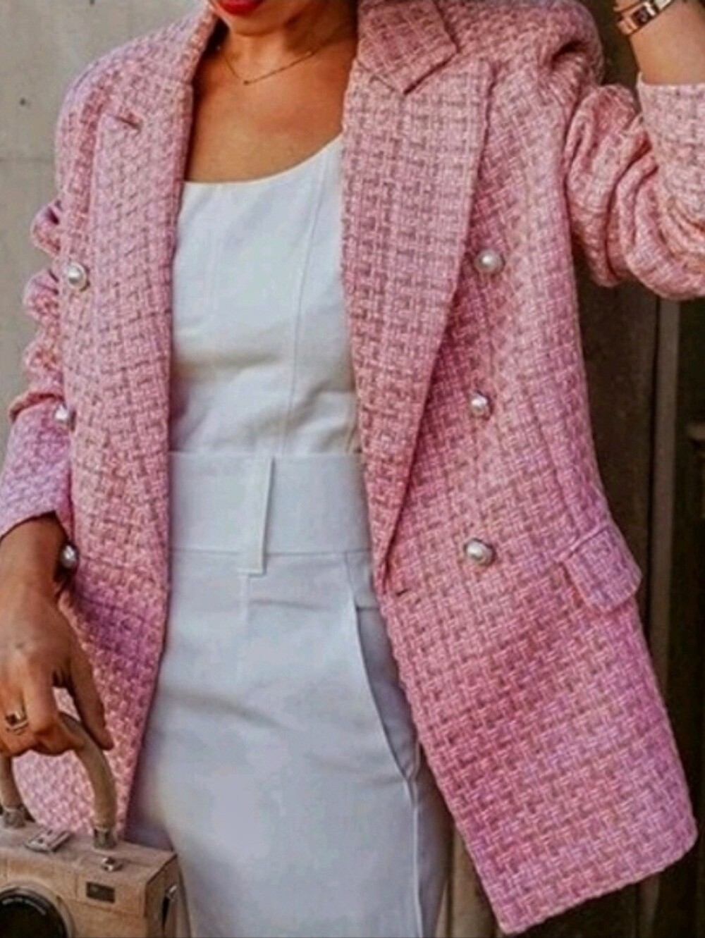 * NEW Luxe Tweed Double Breasted Jacket Blazer Pink Metallic